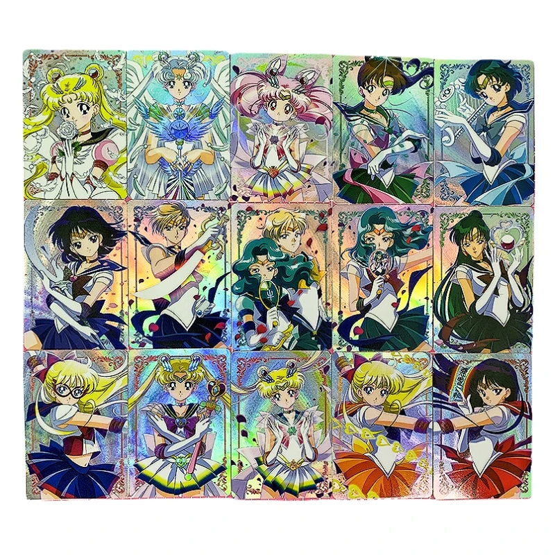 15pcs/set Sailor Moon Chibiusa Tsukino Usagi Animation Characters Refraction Flash Card Anime Classics Game Collection Cards Toy