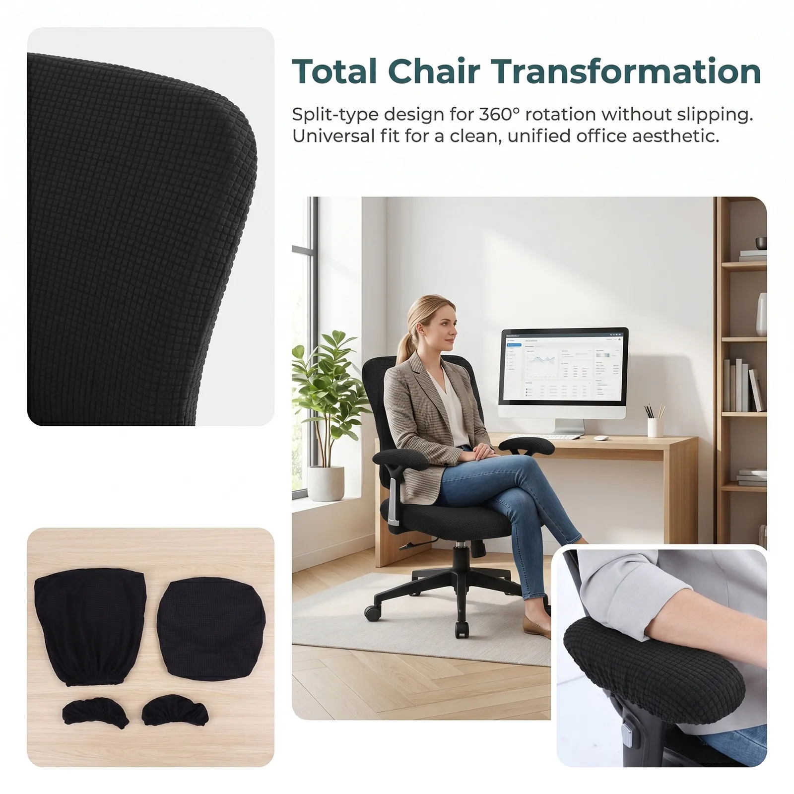 1Set Office Chair Covers Kit Stretchable Seat Backrest Armrest Slipcovers Washable Office Desk Chair Protector Black