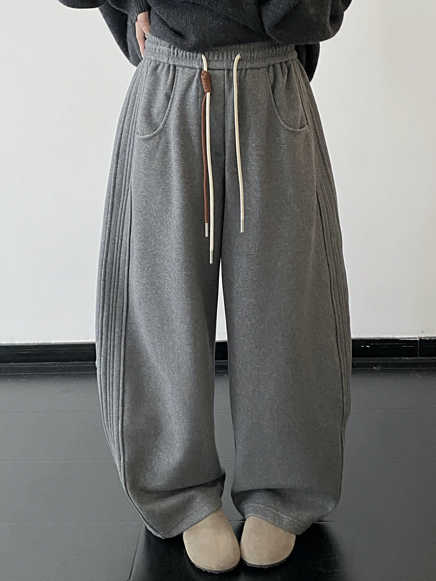 

SunYeo женские широкие брюки на подкладке Fce, повседневные спортивные брюки с высокой талией, однотонные, корейская версия