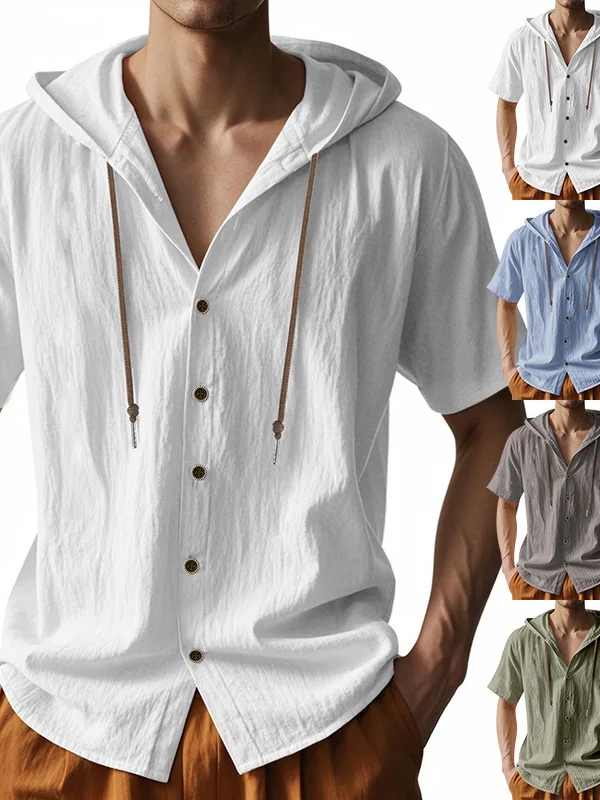 

Breathable Loose Fit Hooded irt ort Sve Casual Chinese Sle Pure Color Summer Menswear Thin Hooded Button up irt