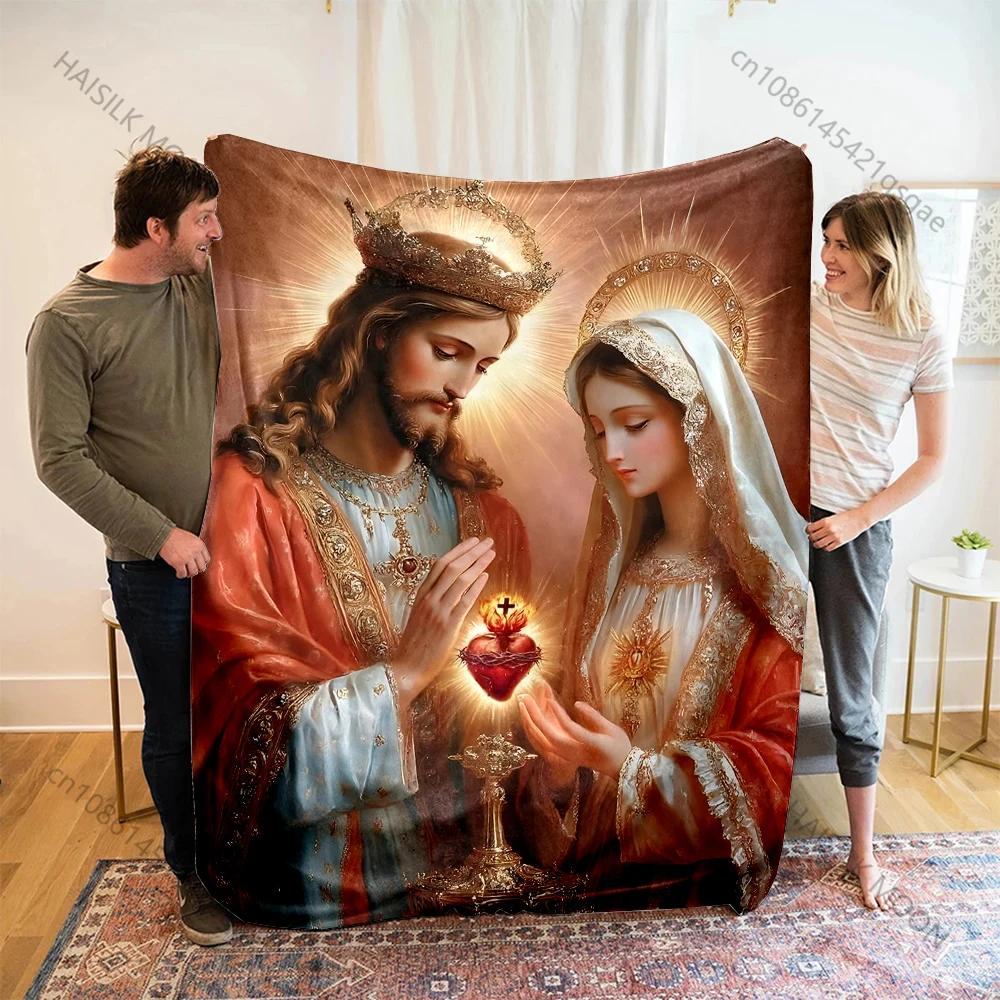 1PC Crowned Sacred Heart religious figures Print Blanket Warm Soft Fluffy Kids Adult Sofa Bed Throw Blanket Travel Camping RV