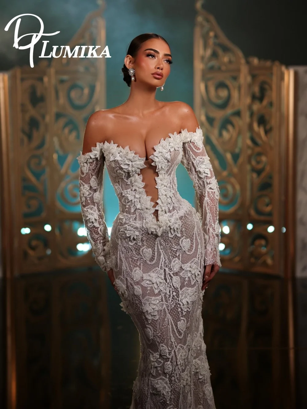 

Сказочное свадебное платье с открытыми плечами и 3D цветочным кружевом 2026, элегантное свадебное платье с длинными рукавами, ослепительное свадебное платье Vestidos De Novia