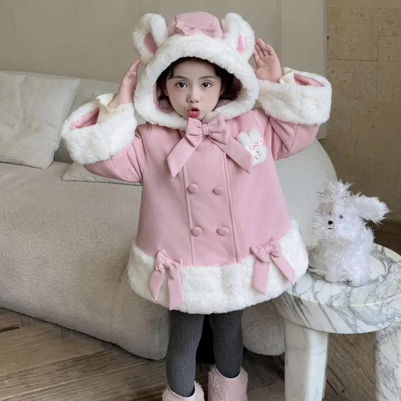 

2026 New Anime Sweet Lolita Style Bow Hooded Warm Coat Cute Girls' Clothing Comfort Soft Tops Girls' Winter Cartoon Thick Coat