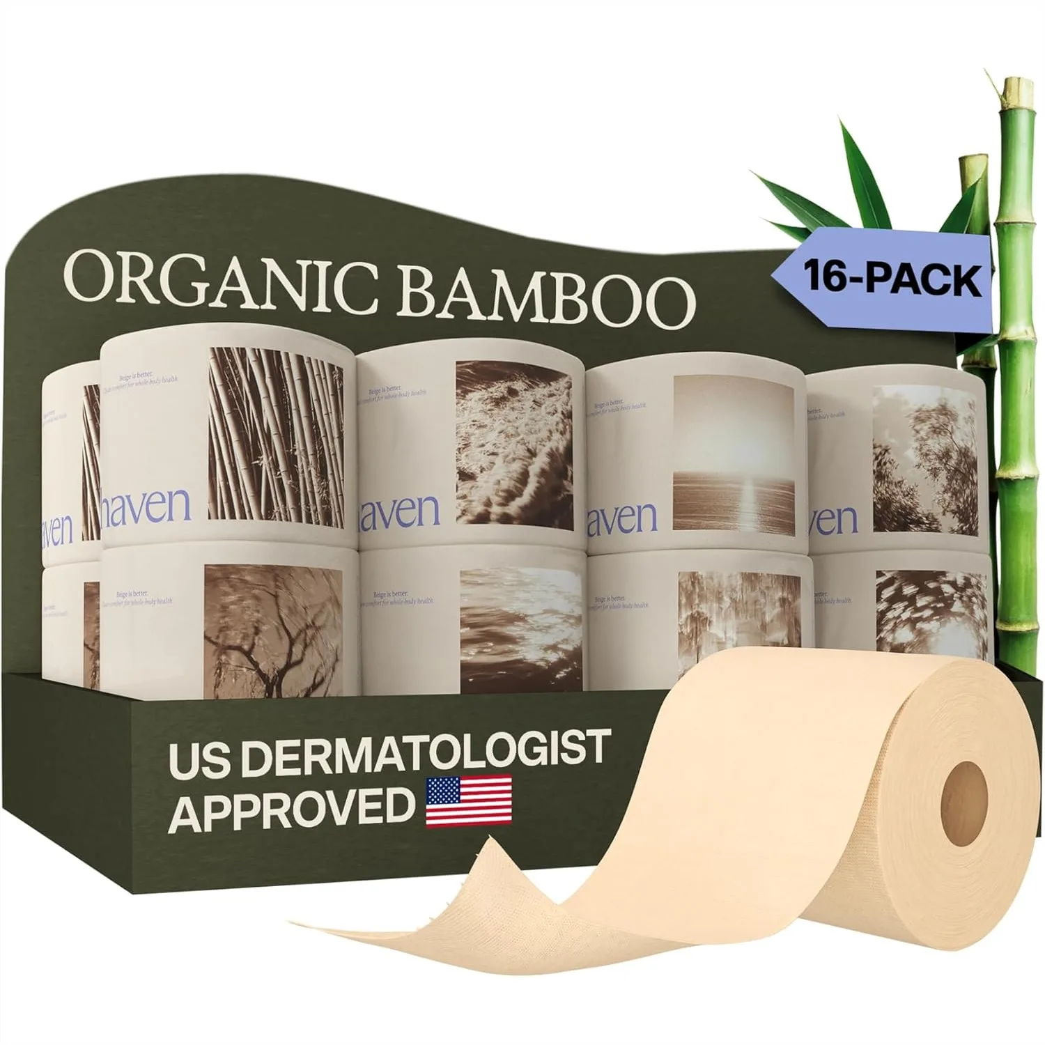Unbleached Bamboo Toilet Paper 3-Ply 16 Rolls 300 Sheets per Roll Plastic Free Packaging Septic Safe