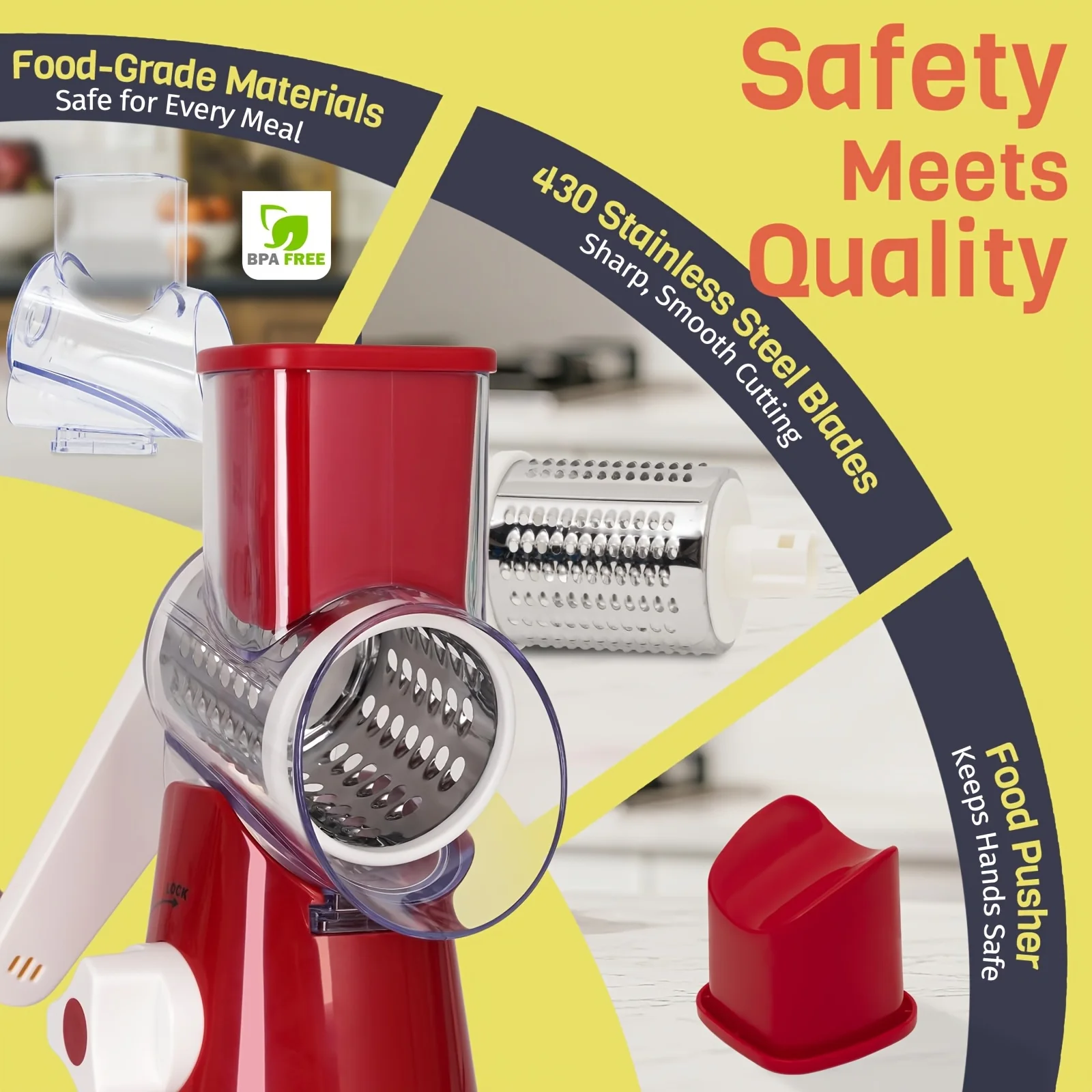 Râpe à fromage rotative 3 en 1, acier inoxydable avec 3 lames et base à forte aspiration, lave-vaisselle, pour légumes, noix