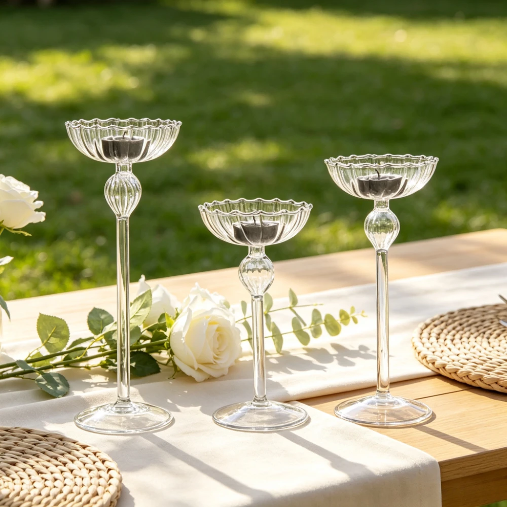 Vintage Transparent Glass Candlestick Holders Tall Stem Bowl Shaped Tealight Candle Holders Home Wedding Party Decor Ornament