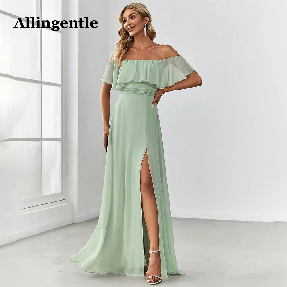 Allingentle Bruidsmeisjesjurken voor Dames Lang Off-shoulder Ruche Mouwen Zijsplit A-lijn Vloerlengte Chiffon Galajurk Op maat