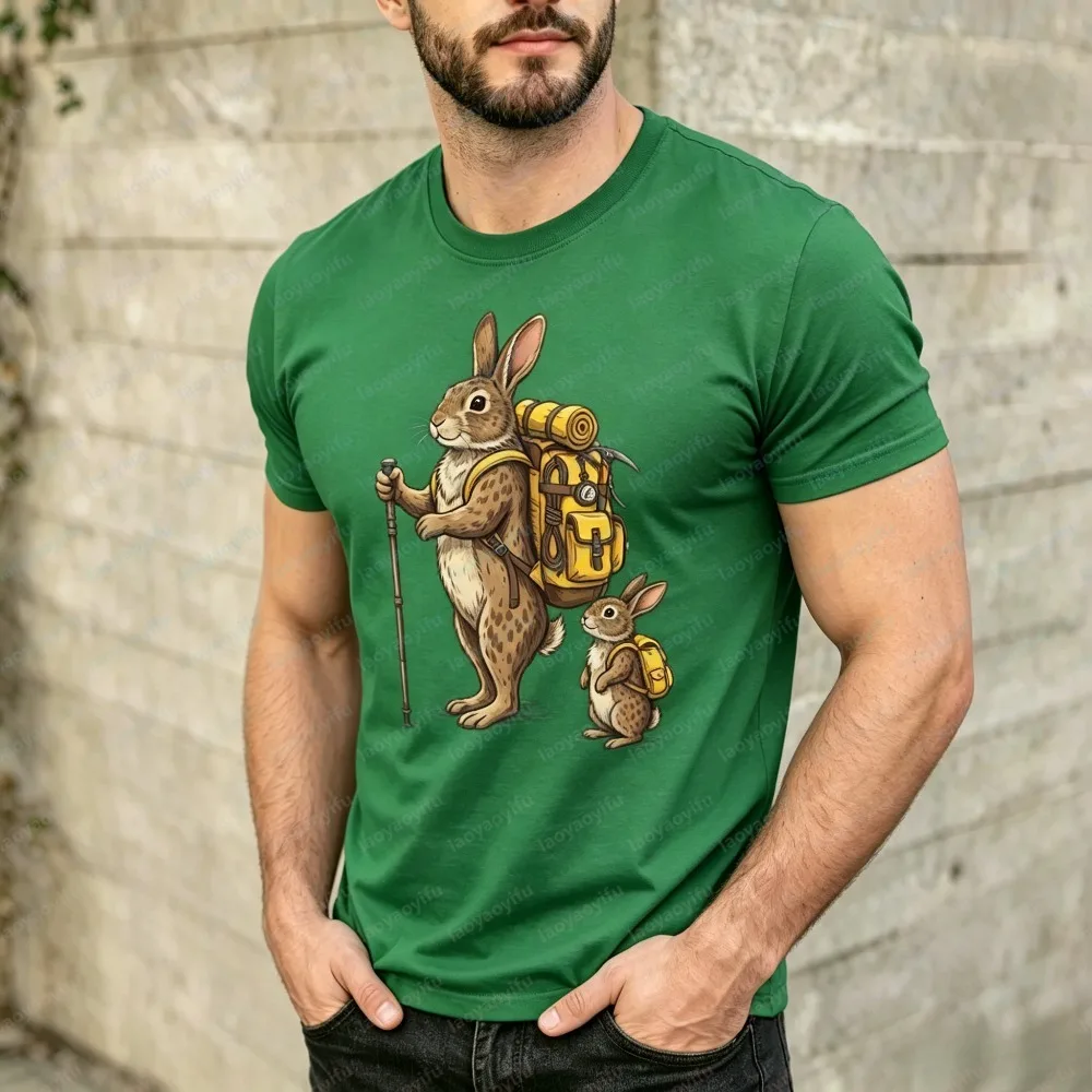 Summer Short Sleeve Men T Shirt Fashion Vintage Woodland Backpack Rabbit Graphic Tee Hiking Bunny Family Art Soft Casual Guy Top