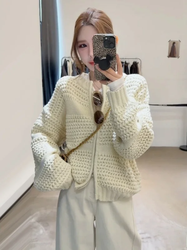 Retro Gruby Sweter Rozpinany z Igliwej Dzianiny z Imitacji Igliwy Sosny, Zapinany na Zamek, Damski, Zimowy, Nowy, Ciepły, Casualowy...