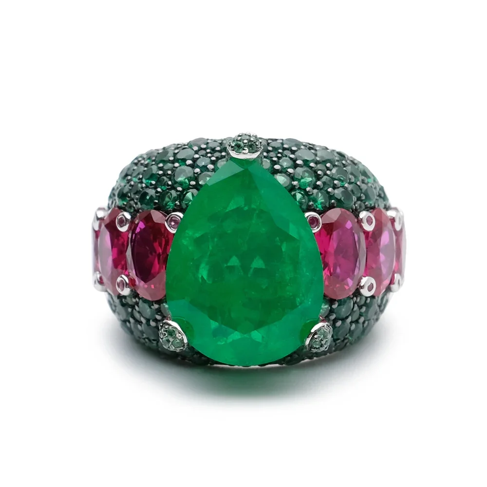 

AB/925 Sterling Silver full of zircon emerald ruby luxury banquet wedding ring women's jewelry.