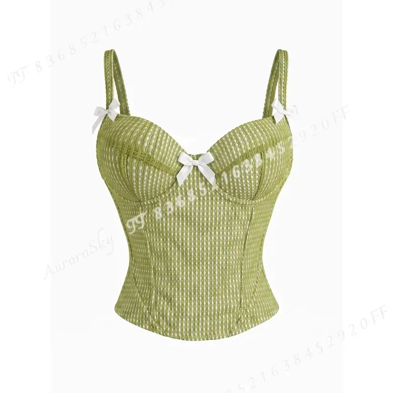 Women's White Green Knit Corset Top Sweetheart Neck Adjustable Spaghetti Straps Back Lace Up With White Bow