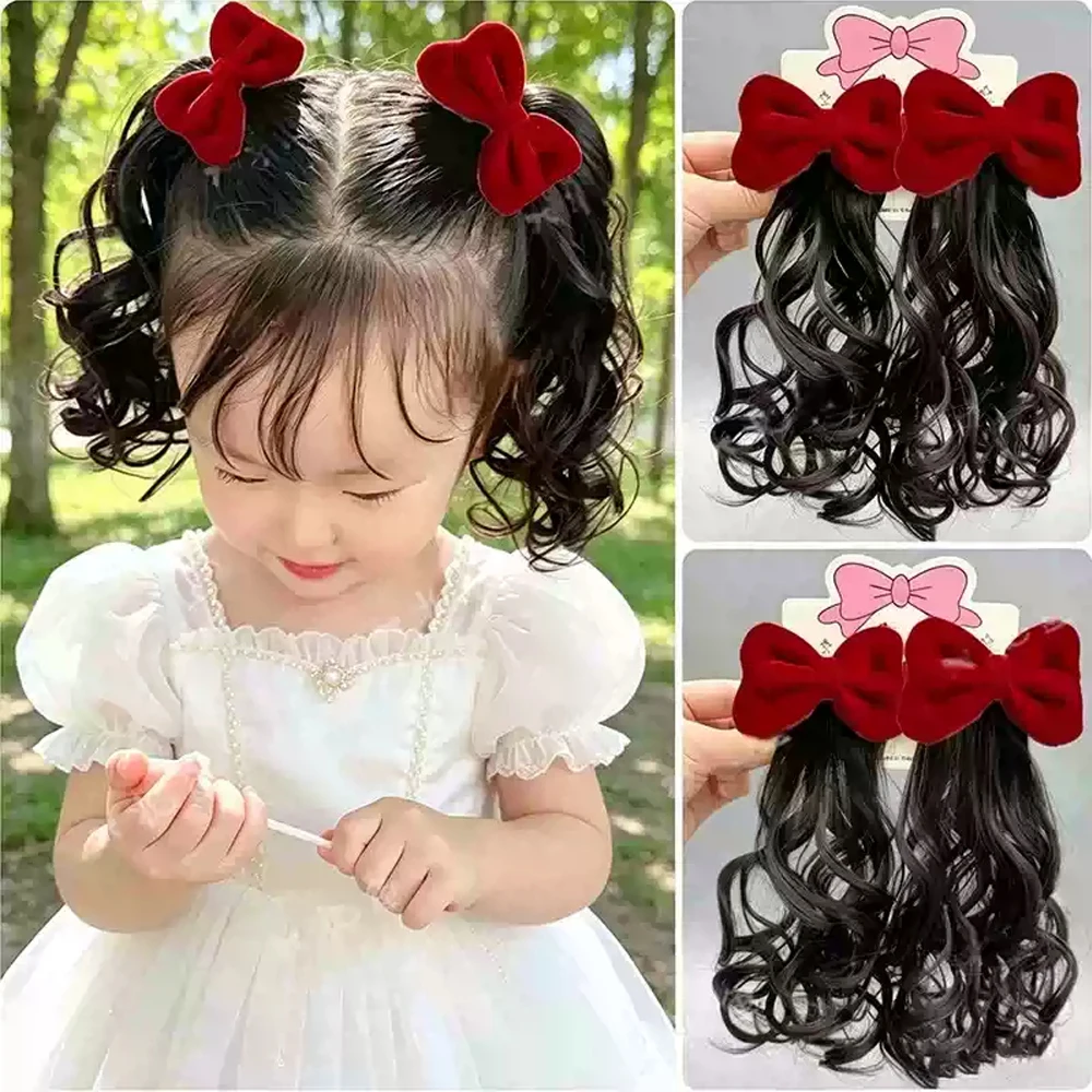 OLACARE Short Curly Girls Red Bow Short Ponytail Side Hair Clips Cute Kids Barrettes Fashion Sweet Children Daily Hair Headwear
