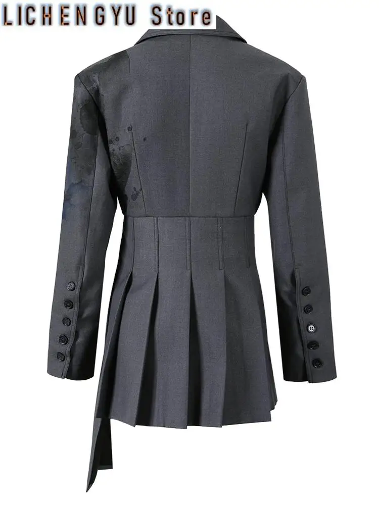 Frauen grau gedruckt unregelmäßig plissierten Blazer neue Revers Langarm Loose Fit Jacke Mode Flut Frühling Herbst