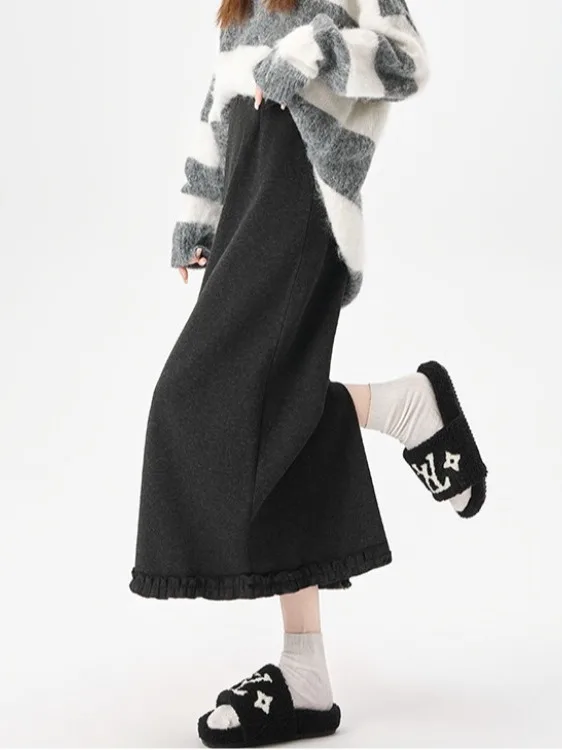 

ay Thiened Woolen Suit f Skirt Women's High Waist Slim A-Line Long Skirt Ci Commute Sle Ba Slit Polyester Fiber