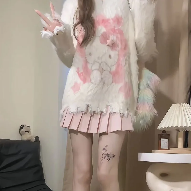 

Hello Kitty Women'S Jacquard Sweater Sweet Pullover Retro Japanese Style Woman Clothes Irregular Style Woman Knit Top Designer