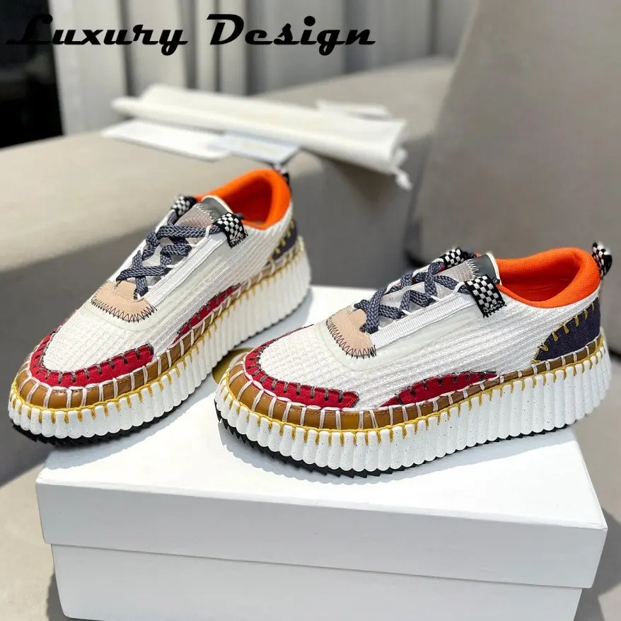 New Hand Stitched Designer Women Sports Shoes Luxury High Quality Casual Shoes Platform Mixed Colors Knitted Fashion Sneakers