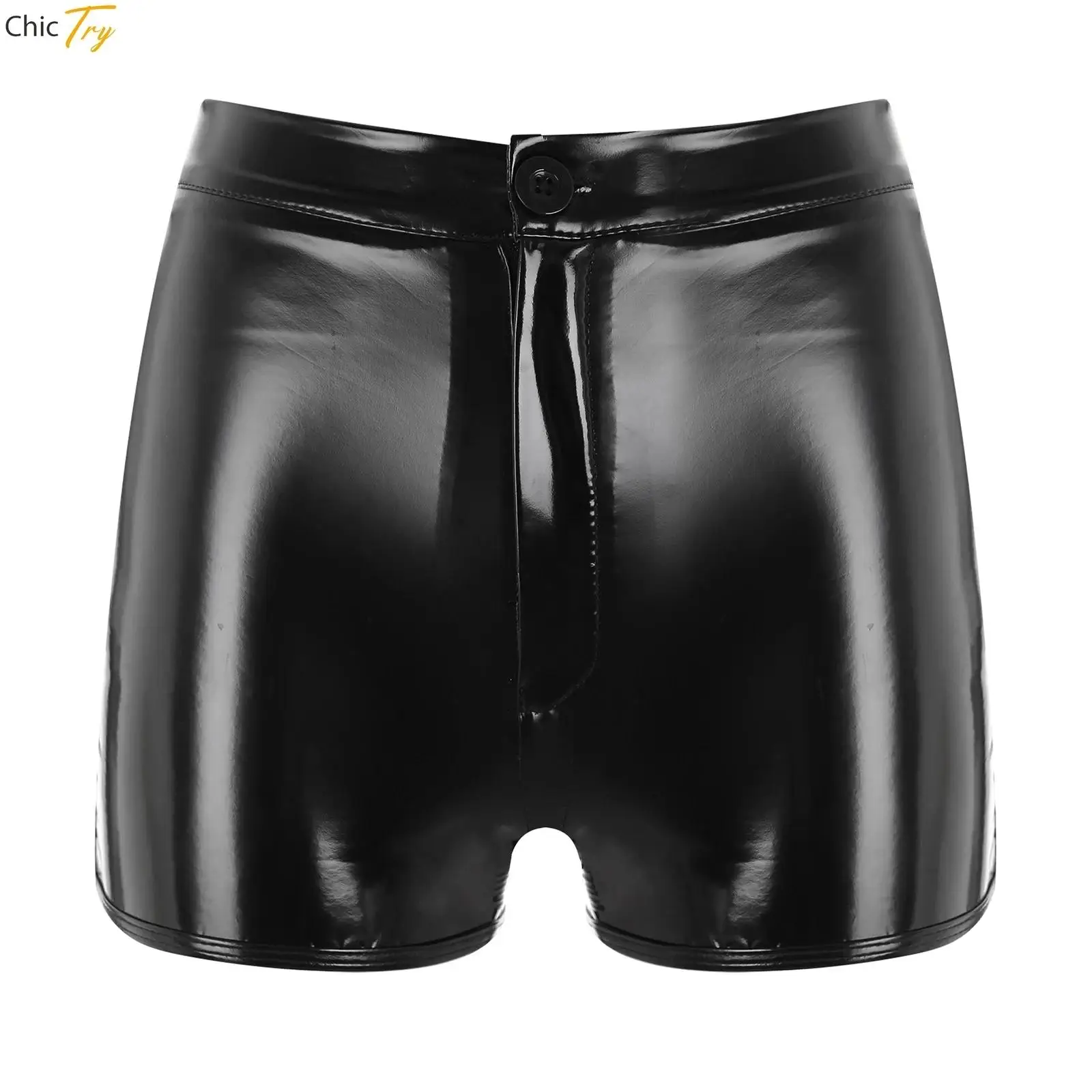 

Women Shiny Patent Leather Splice Shorts Summer Sexy Wet Look Latex Hot Pants Zip Open Crotch Pole Dancing Nightclub Wear