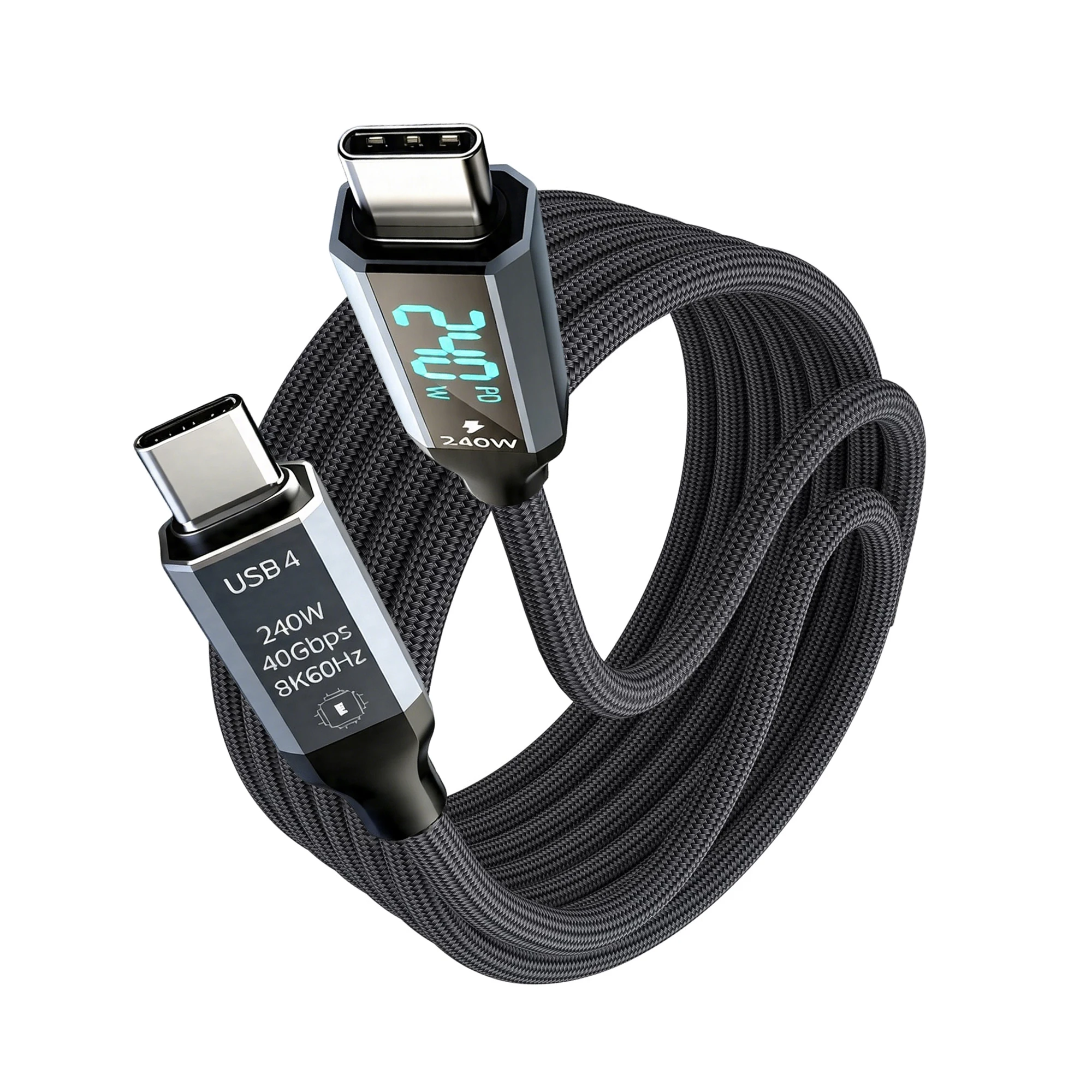 USB-C to C 240W PD Fast Charging Cable with Digital Display for Real-Time Power Monitoring 40Gbps Braided Data Cable for Macbook