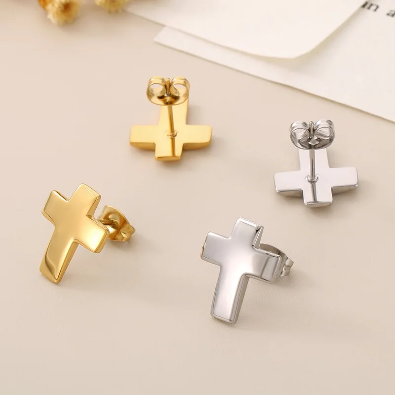 HOUWU Ankh 1 Pair Punk Korean  Cross Stainless Steel Earrings Cross Stud  Women Jewelry Studs Small Earrings