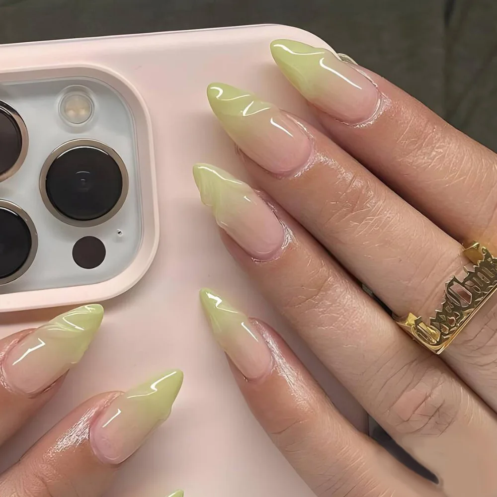 

24pcs Green Gradient Fake Nails 3D Forest Cat Eye Press on Nail Almond Full Coverage Nail Tips for Women&Girl Removable Nail