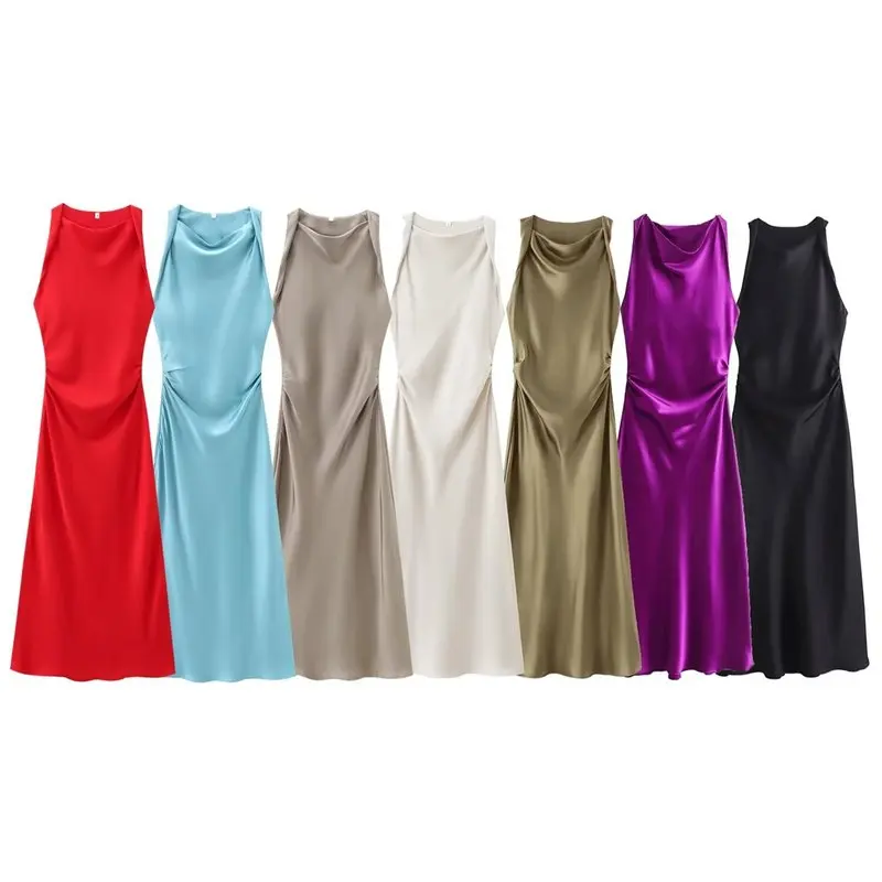 2026 Vintage Elegant Satin Slip Midi Dress Women Cowl Neck Sleeveless Bodycon Party Dress Chic Evening Robe Femme