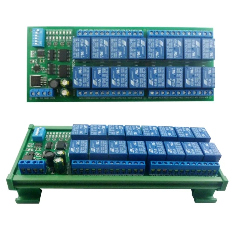 

DC12V DIN35 C45 Box 16-канальный модуль реле RS485 Modbus RTU UART Плата переключателя управления для ПЛК PTZ-камеры Прямая