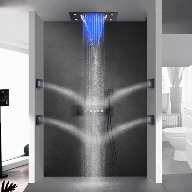 Recessed LED Wall-Mounted Thermostatic Digital-Display All-Copper Square Rain Shower Head Complete Concealed Shower System