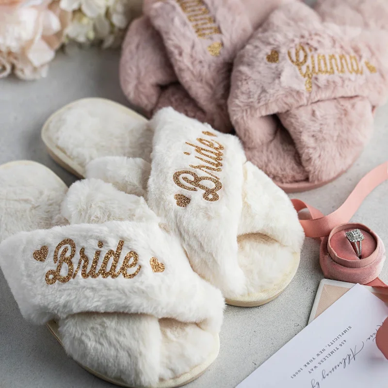 

Custom Bride Slippers, Bridesmaid Gift, Bachelorette Party Gift Set, Custom Fluffy Slippers, Fuzzy Bridal Party Slippers