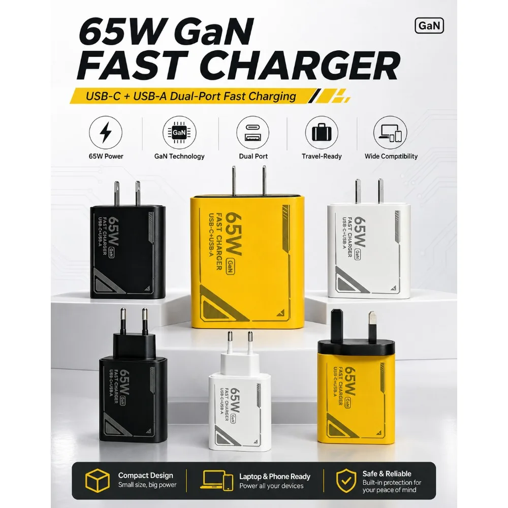 65W GAN Mechanical Pattern Multi Port Travel Charger Black Yellow White UK EU US Plug Charging Kit with 1M Braided USB C Cable