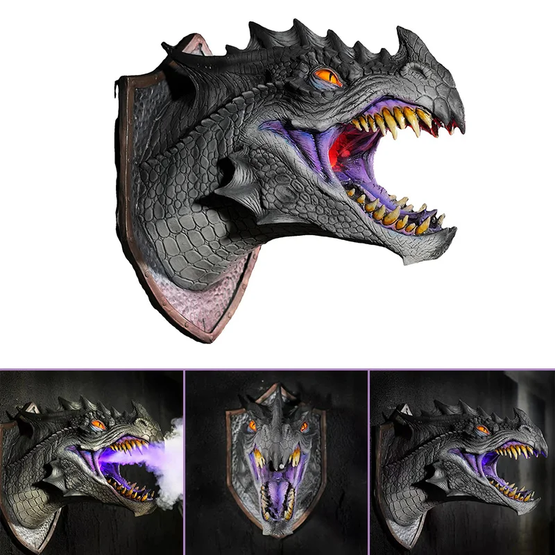 3D Dragon Statue Legends Prop Dinosaur Head Wall Pendant Wall Mounted Dinosaur Smoke Light Halloween Party Decor Home Decoration