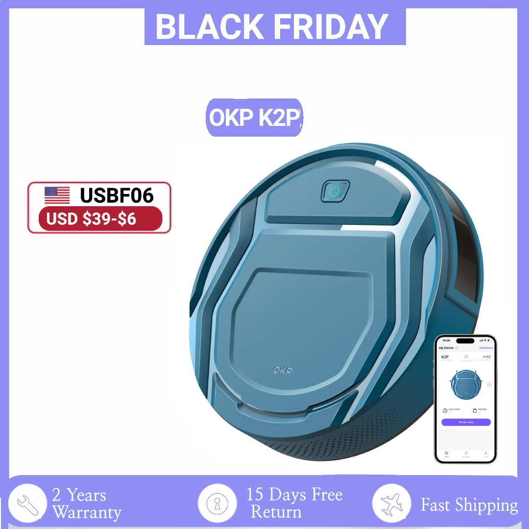 OKP K2P Robot Vacuum Cleaner, 3000Pa, 6 Cleaning Modes, Smart Self Charging, WiFi/App/Remote Control, Ideal for Pet Hair, Carpet