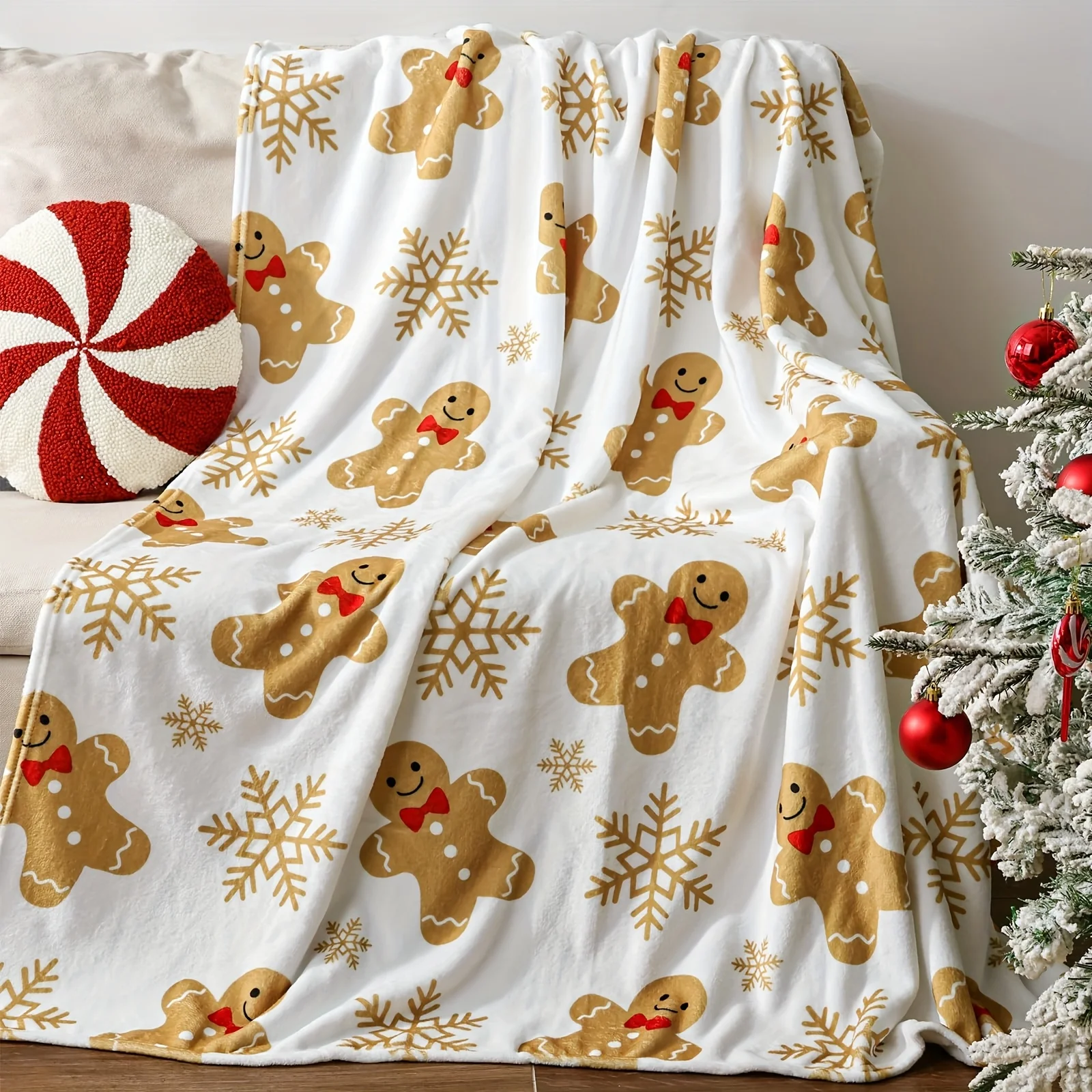 

1pc Gingerbread for Man Plush Blanket - Ultra-Soft Flannel All-Season Cozy Bedspread, Gingerbread Cookie Design