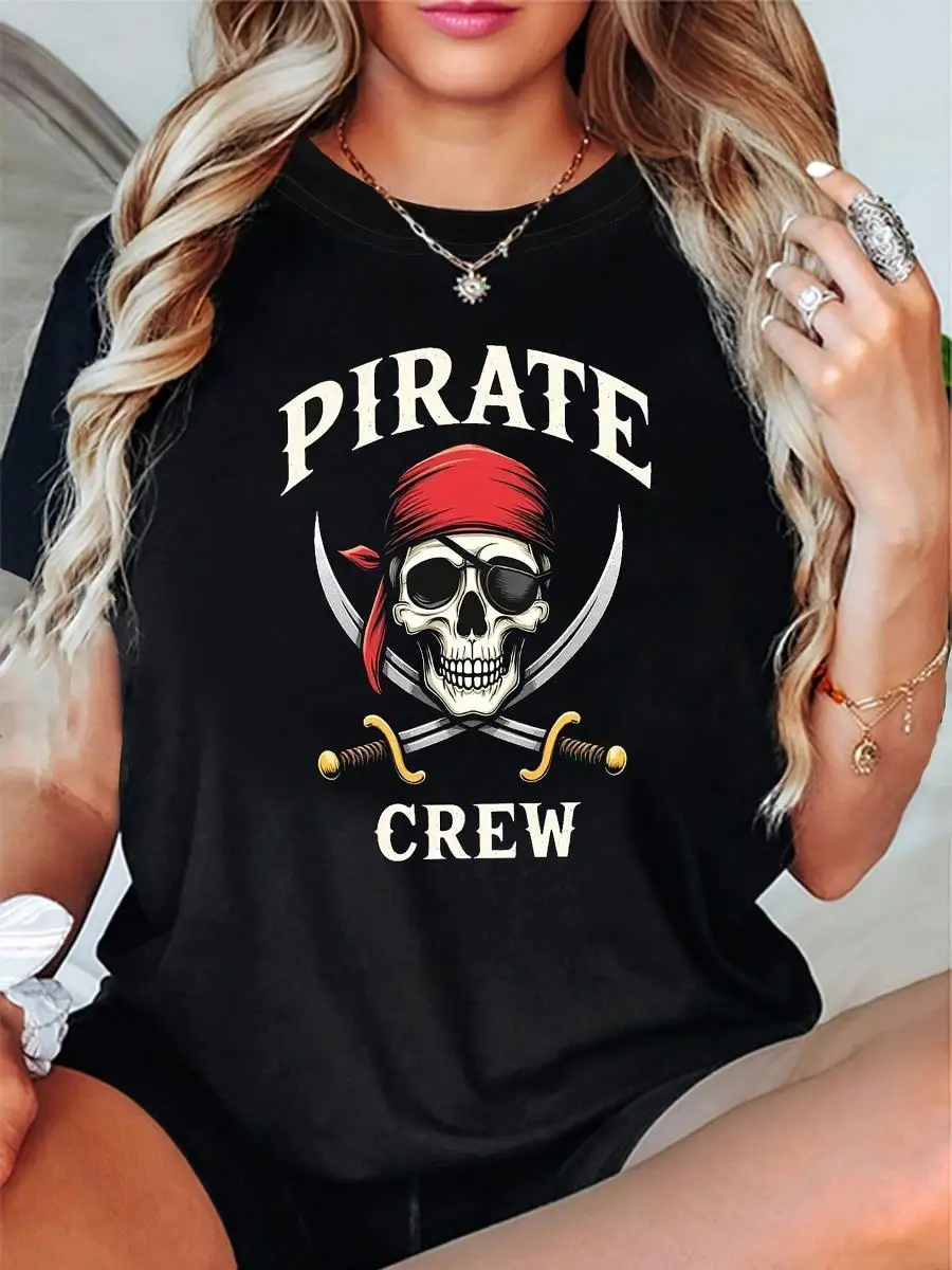 Pirate Crew Letter Print T-Shirt, Short-Sleeved Round-Neck Casual Top, Women s Wear For Spring And Summer