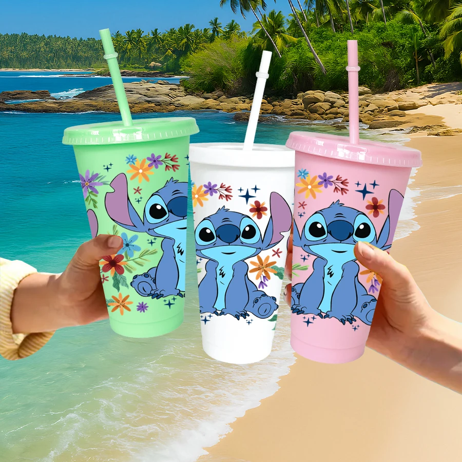 12 sztuk/opakowanie Disney Stitch kwiatowy kubek na wodę 770 ml wielokolorowy plastikowy zestaw do napojów na przyjęcie urodzinowe/powrót do szkoły