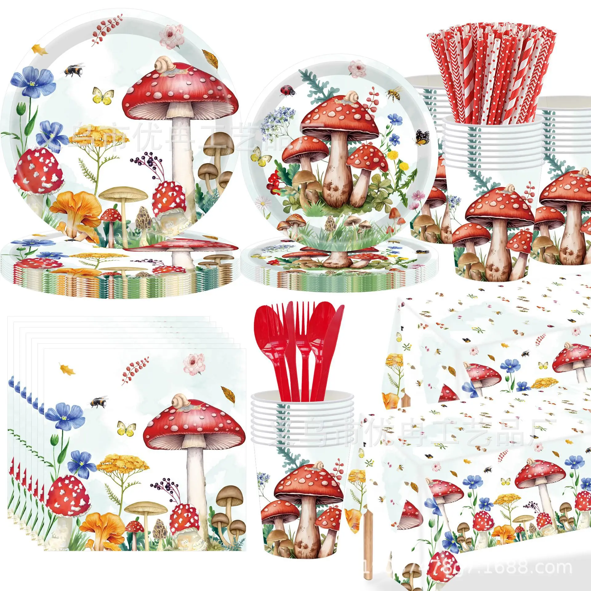 Red Watercolor Mushroom Party Supplies Tableware Plates and Napkins Dinner Plates Cups Set for Mushroom Themed Party Supplies