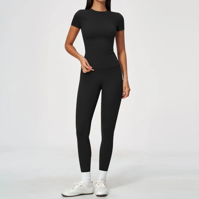 2Pcs Brushed Yoga Wear For Women Slim Short Sleeve Tummy Top+Hip Lifting High Waist Leggings High Elastic Workout Outfit