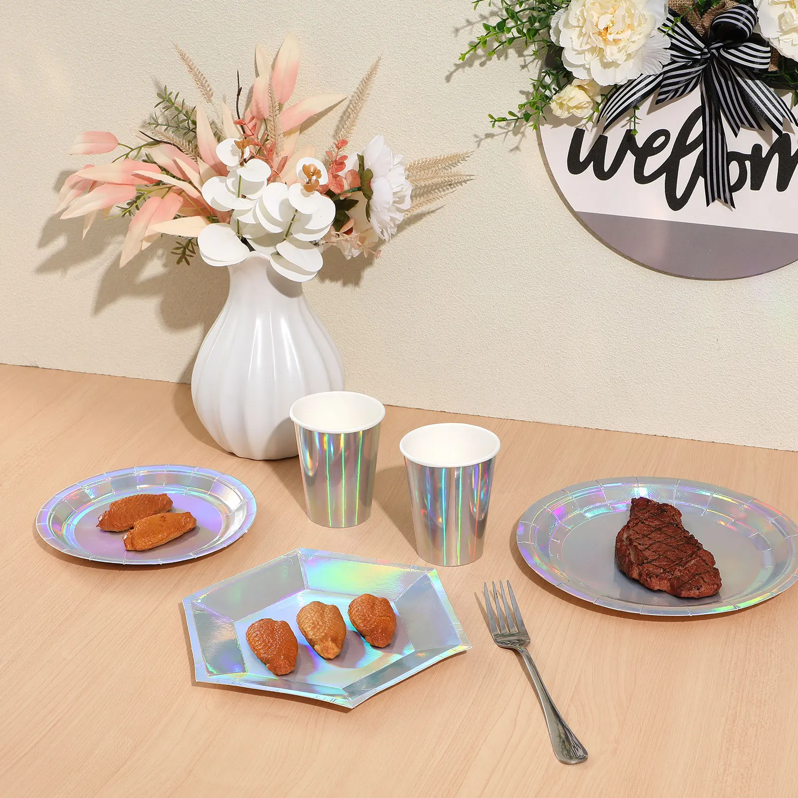 32 Pcs Holographic Paper Tableware 8 Inch Plates 95 Oz Tableware Paper Props Cups Birthday Party Food Grade Safe