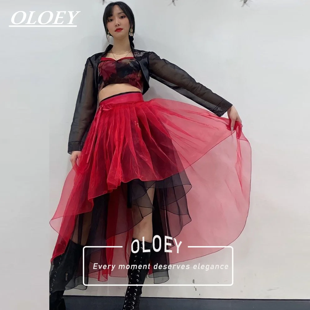 OLOEY Modern Red Black Concert Hanbok Set 3 PCS 2026 Korean Photo Shoot Organza Performance Dress Customized Top Jacket Skirt