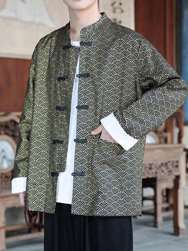 

New Chinese Sle Men's Jaet Autumn Faion Gold Emed Loose Fit Cotton Traditional National Sle Button up Coat