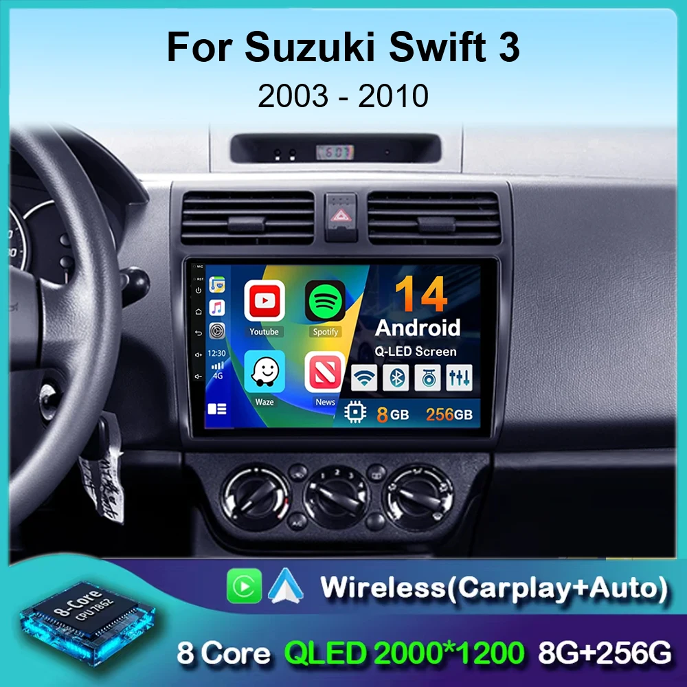 

Автомагнитола Carplay для Suzuki Swift 2003-2010, 2 Din, Android 14, мультимедийный видеоплеер, GPS-навигация, стерео, головное устройство, аудио