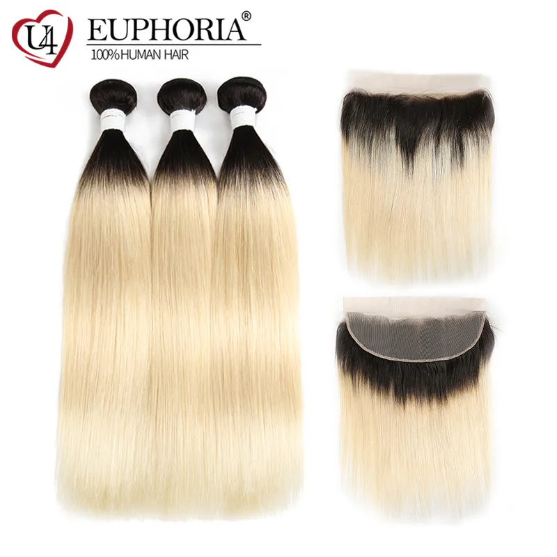 

1B 613 Brazilian Remy Human Hair Ombre Blonde Straight Bundles With Frontal 3 Bundles With 13x4 Lace Frontal Straight EUPHORIA