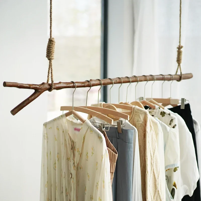 Custom vintage color twig hanger garment store hanger clothes rail display rack fork strap skin peel natural coat hook