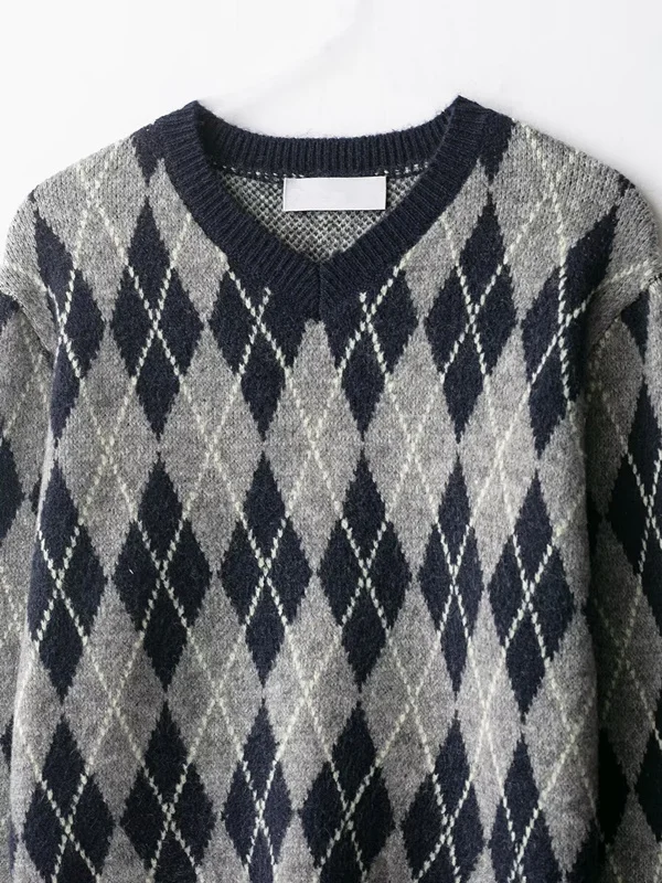 Dave&Di Maglione da donna Maglieria Abbigliamento donna Nordic Vintage Diamond Jacquard Maglione pullover con scollo a V per top da donna