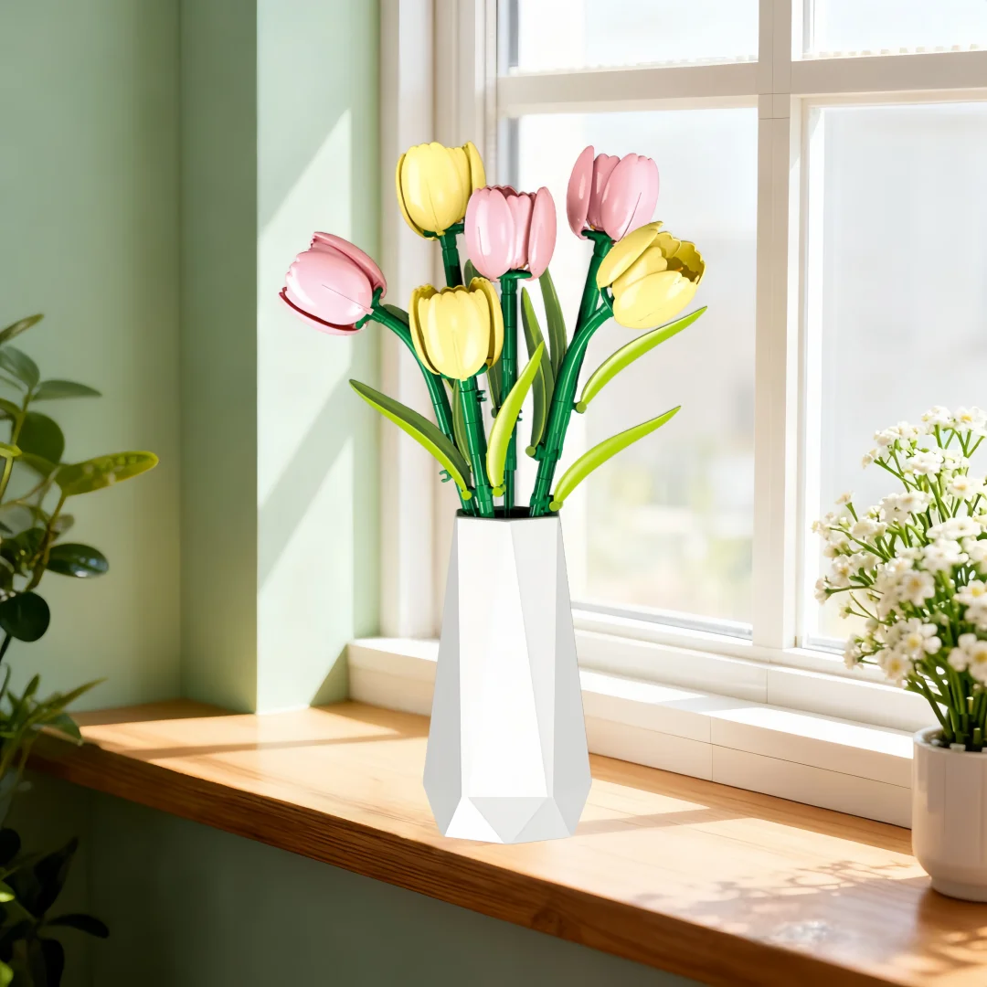 

KNEW BUILT 3D Flower Tulip Bouquet Building Block Toy-Valentine's/Wedding/Christmas Gift,Stress Relief Home Decor for Girls/Kids