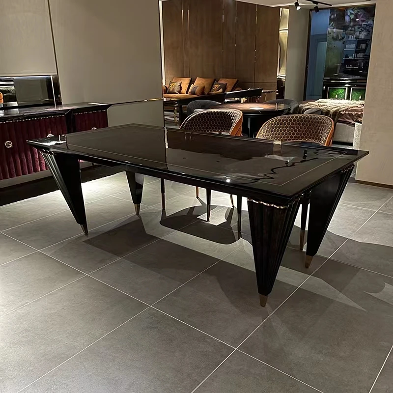 hj-Italian Luxury High Glossy Natural Wood Veneer Top Long Dining Table Chair Set Designer Stainless Steel Trim Dining Table%