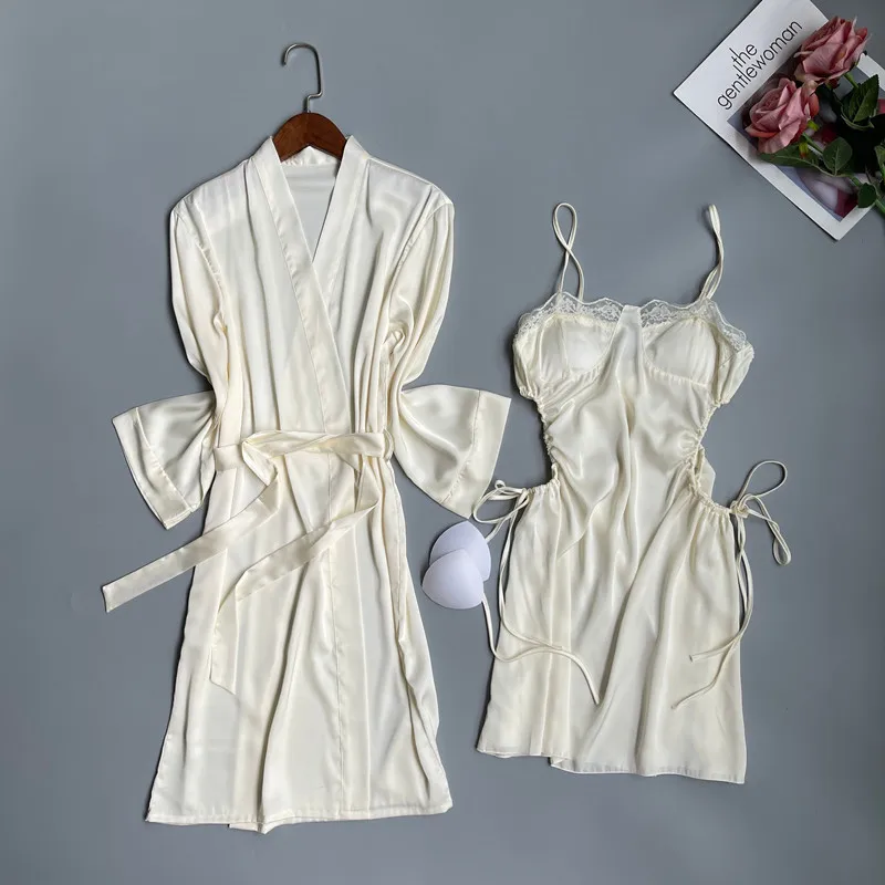 

Female Twinset Robe Set Sexy Lace Nightgown Intimate Lingerie Spring Summer Silk Satin Bathrobe Nightdress Loose Homewear