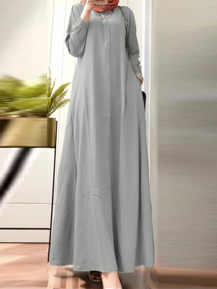 ZANZEA Muslim Dress Elegant Long Sleeve Islamic Robe Dubai Sundress Ramadan Abaya Maxi Long Vestidos Autumn Turkish Dresses 2024