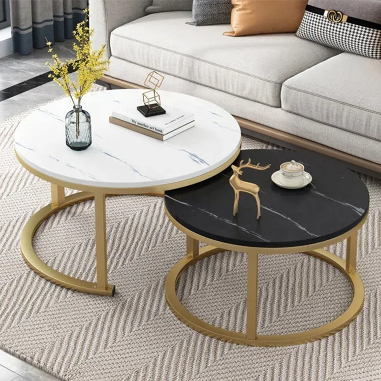 Moderne nestbare salontafel, bijzettafel in marmerlook, ronde tafelset van 2, gouden frame met houten blad