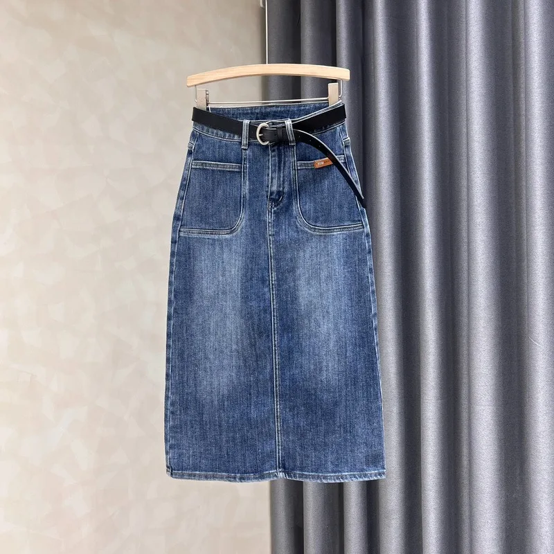 

Джинсовая юбка большого размера с высокой талией, женская, с разрезом, А-силуэт, длинная, повседневная, летняя, тонкая модель, для фигуры типа «груша»