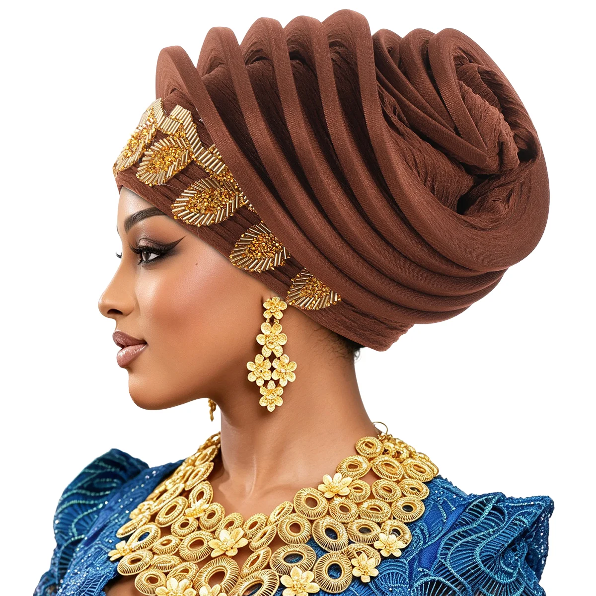 African Turban Headwrap Gold Embroidered Auto Gele Headtie Women Fashion Headwear for Wedding Party Ceremony Head Wraps